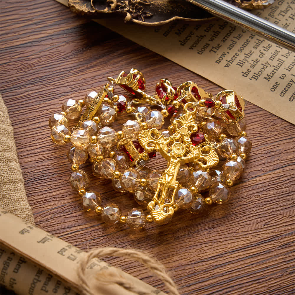 Christianartworkshop Champagne Faceted Glass Rosary With Sacred Heart Charms: Emblem of Enduring Divine Love - image 4