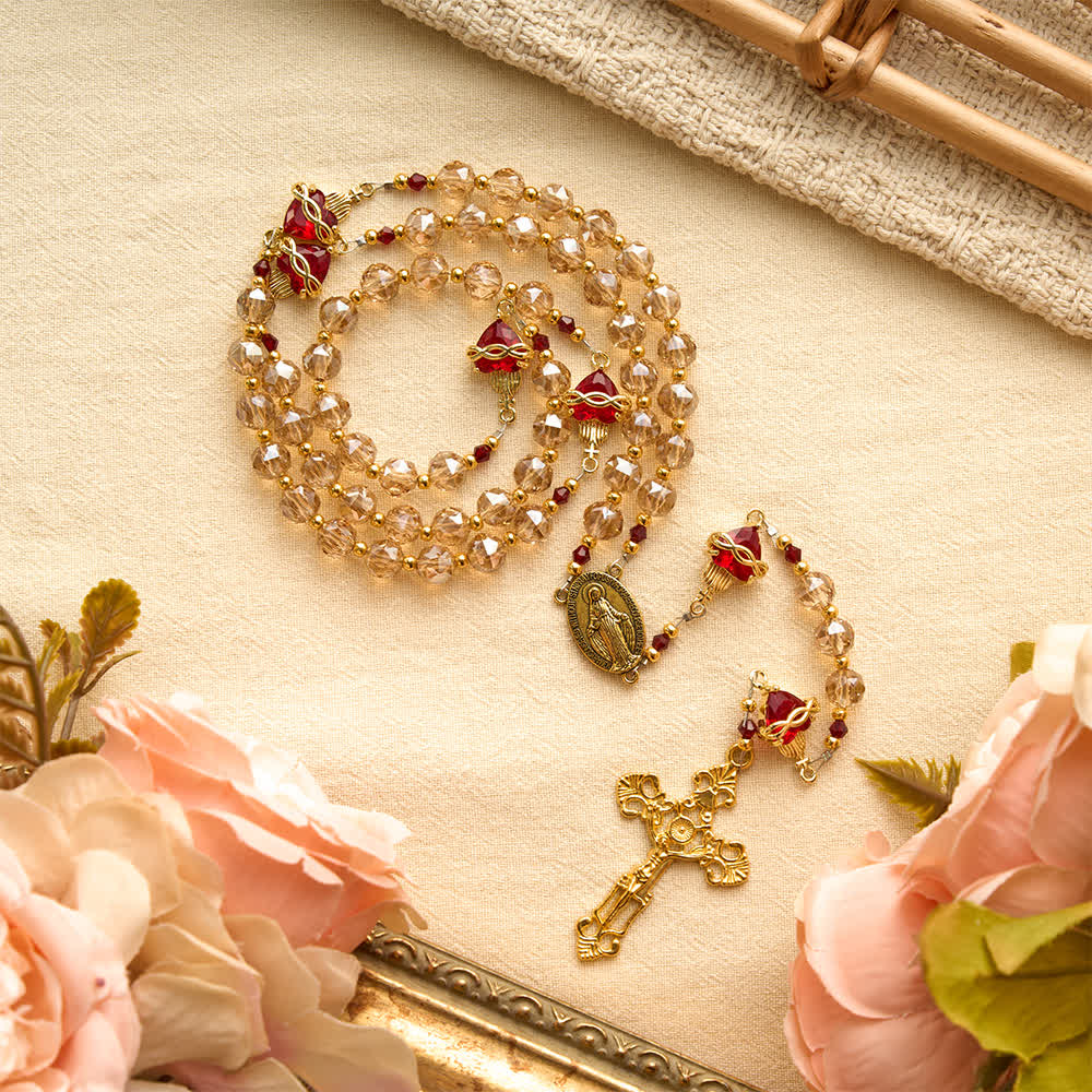 Christianartworkshop Champagne Faceted Glass Rosary With Sacred Heart Charms: Emblem of Enduring Divine Love - image 2