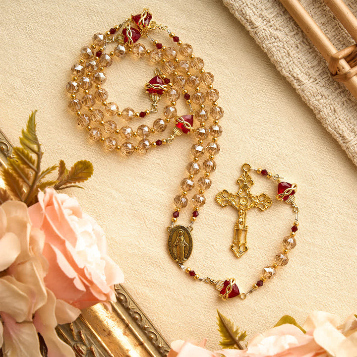 Christianartworkshop Champagne Faceted Glass Rosary With Sacred Heart Charms: Emblem of Enduring Divine Love - Sacred Heart Champagne Rosary - image 0