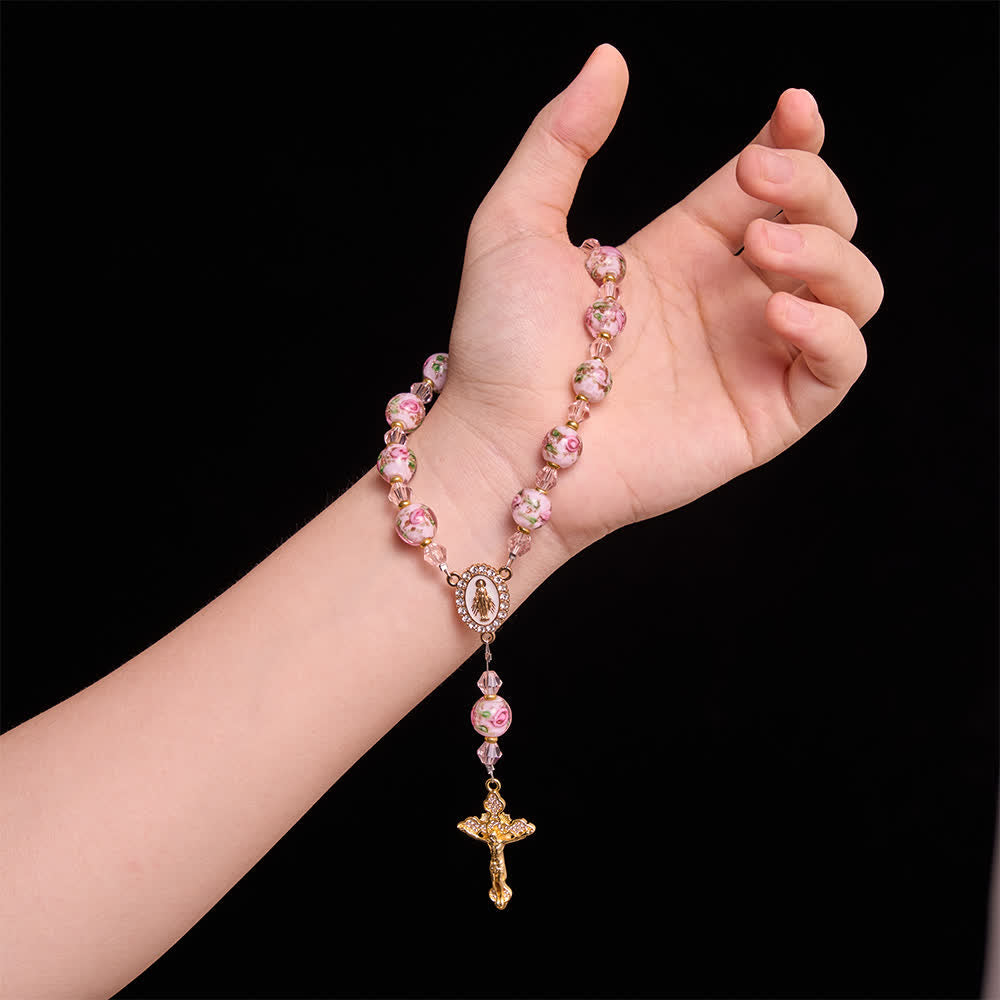 Christianartworkshop Floral Painted Glass Pocket Car Rosary With Rhinestone Crucifix: Emblem of Gentle Heavenly Peace - image 1