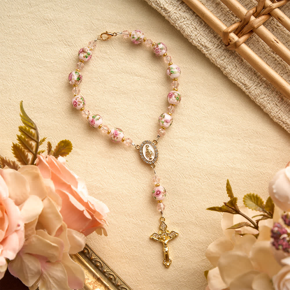 Christianartworkshop Floral Painted Glass Pocket Car Rosary With Rhinestone Crucifix: Emblem of Gentle Heavenly Peace - image 4