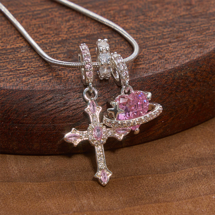 FREE Today: Whimsical Heart Planet & Jeweled Cross Necklace: Symbol of Unfailing Celestial Care - Silver - image 3