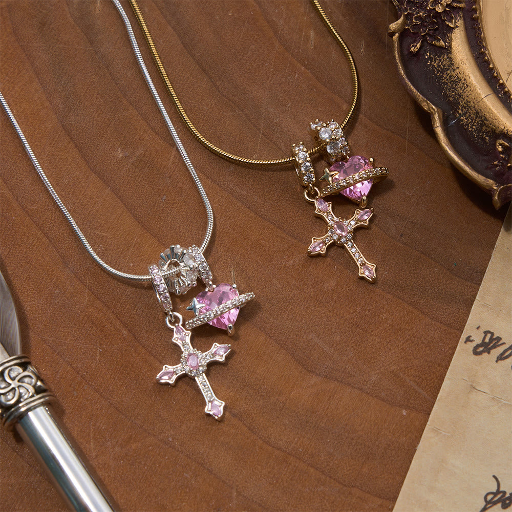 Christianartworkshop Whimsical Heart Planet & Jeweled Cross Necklace: Symbol of Unfailing Celestial Care - image 1