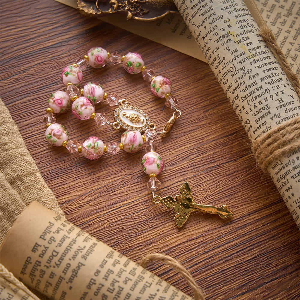 Christianartworkshop Floral Painted Glass Pocket Car Rosary With Rhinestone Crucifix: Emblem of Gentle Heavenly Peace - image 3