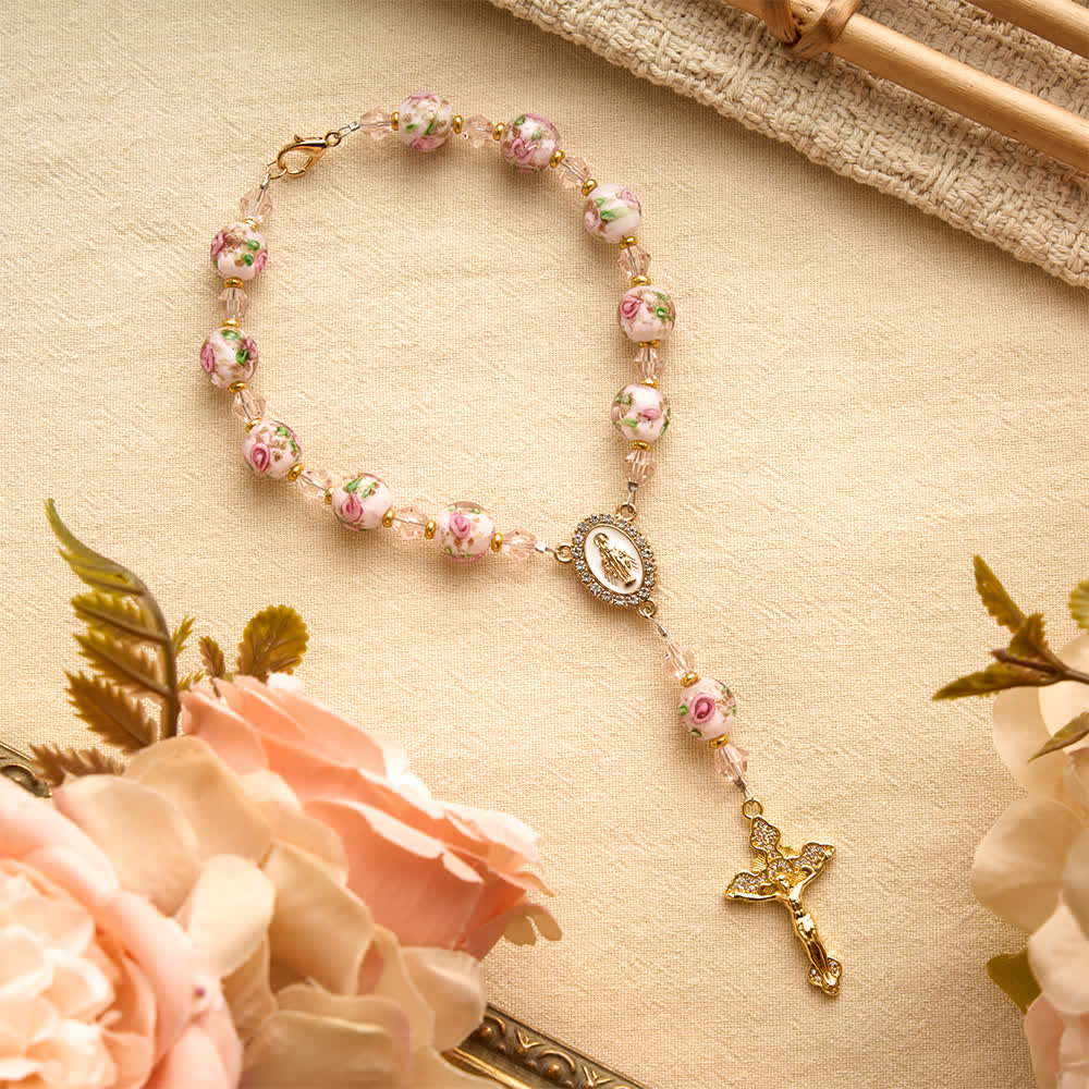 Christianartworkshop Floral Painted Glass Pocket Car Rosary With Rhinestone Crucifix: Emblem of Gentle Heavenly Peace - Floral Beads Rosary - image 0