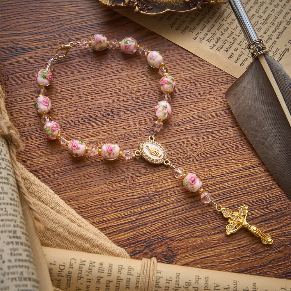 FREE Today: Floral Painted Glass Pocket Car Rosary With Rhinestone Crucifix: Emblem of Gentle Heavenly Peace - image 5