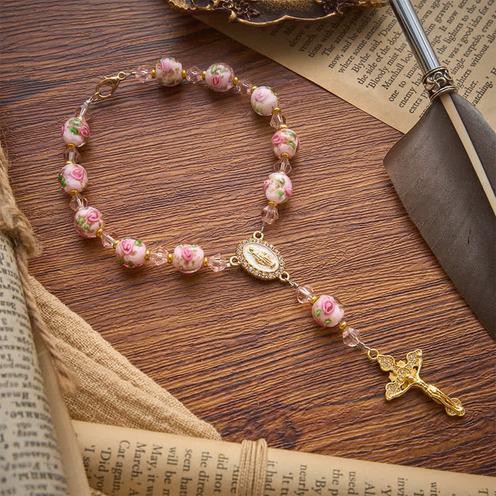 FREE Today: Floral Painted Glass Pocket Car Rosary With Rhinestone Crucifix: Emblem of Gentle Heavenly Peace - image 5