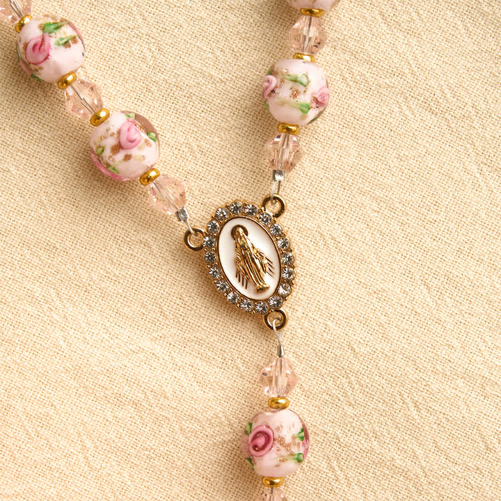 Christianartworkshop Floral Painted Glass Pocket Car Rosary With Rhinestone Crucifix: Emblem of Gentle Heavenly Peace - image 7
