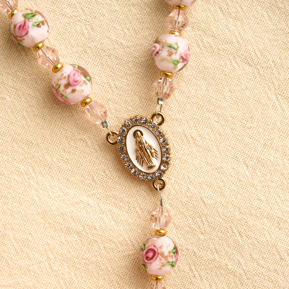 Christianartworkshop Floral Painted Glass Pocket Car Rosary With Rhinestone Crucifix: Emblem of Gentle Heavenly Peace - image 7