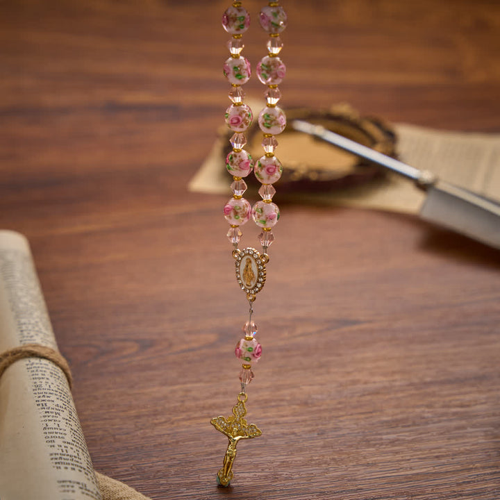 Christianartworkshop Floral Painted Glass Pocket Car Rosary With Rhinestone Crucifix: Emblem of Gentle Heavenly Peace - image 10