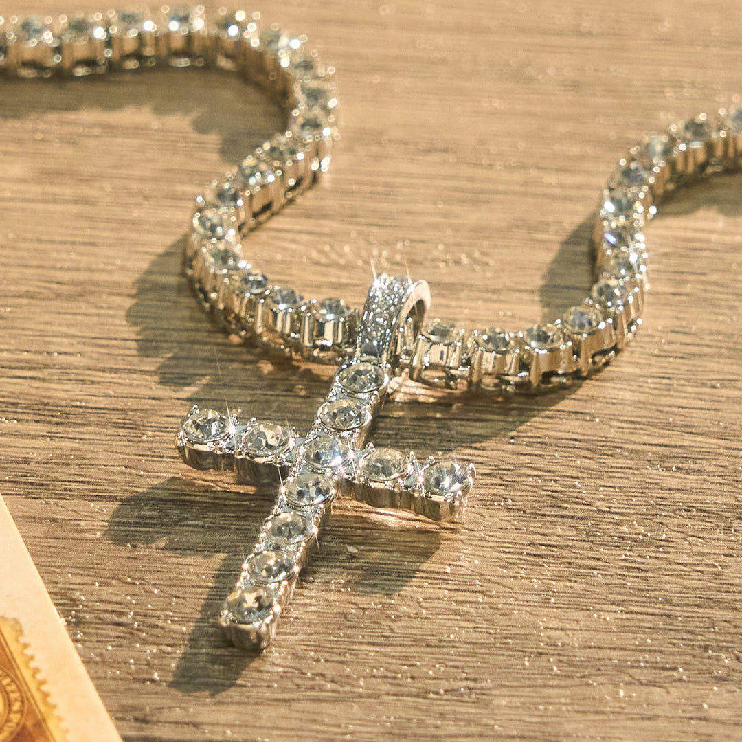 Christianartworkshop Sparkling Gem Encrusted Cross Pendant Tennis Chain: Token of Divine Calm and Hope - Golden - image 4