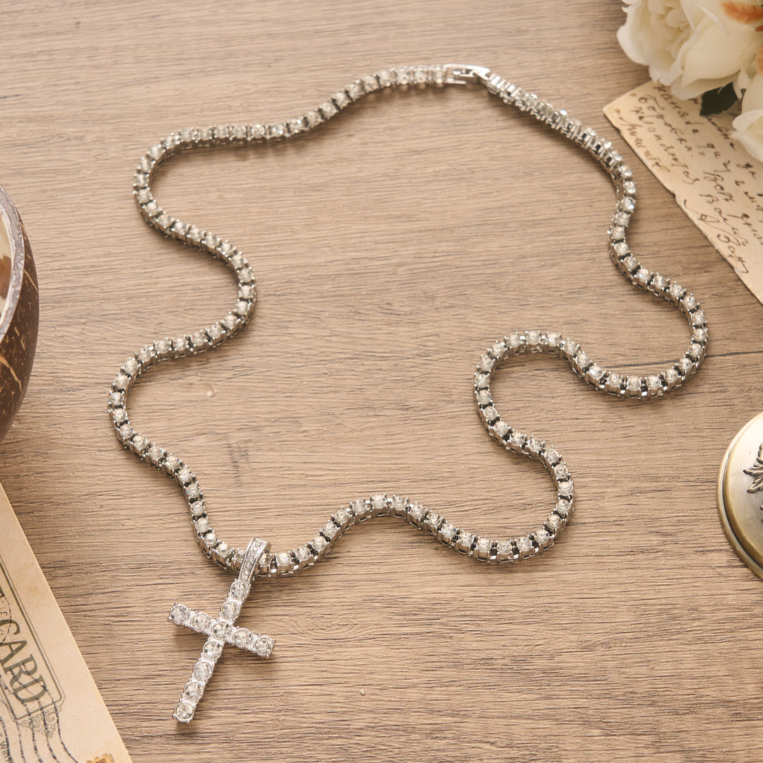 Christianartworkshop Sparkling Gem Encrusted Cross Pendant Tennis Chain: Token of Divine Calm and Hope - image 1