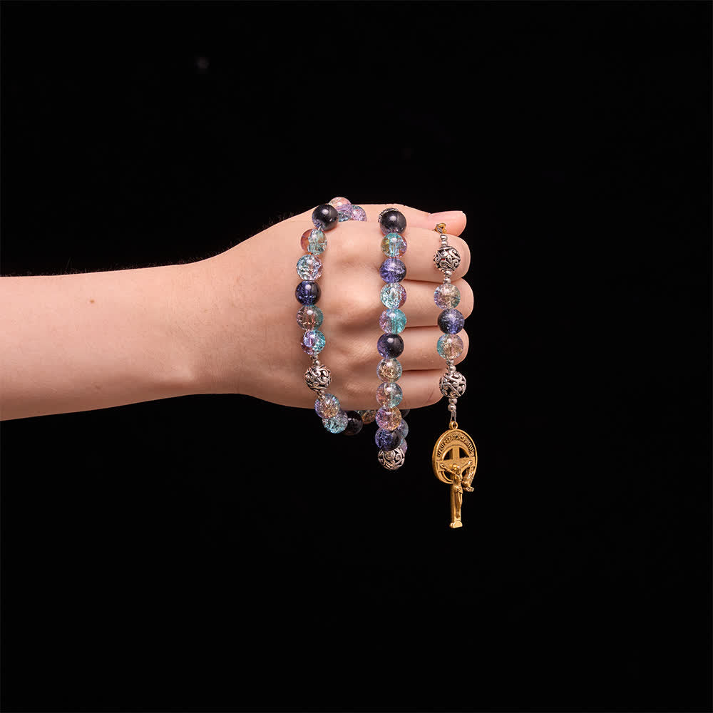 Christianartworkshop Galaxy Tone Crackle Glass Rosary With Inscribed Crucifix: Emblem of Timeless Sacred Grace - image 1