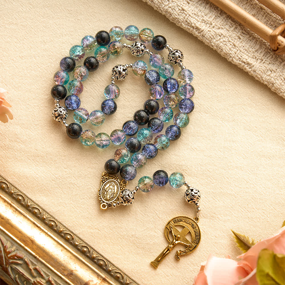 Christianartworkshop Galaxy Tone Crackle Glass Rosary With Inscribed Crucifix: Emblem of Timeless Sacred Grace - Blue-Tone Rosary - image 0