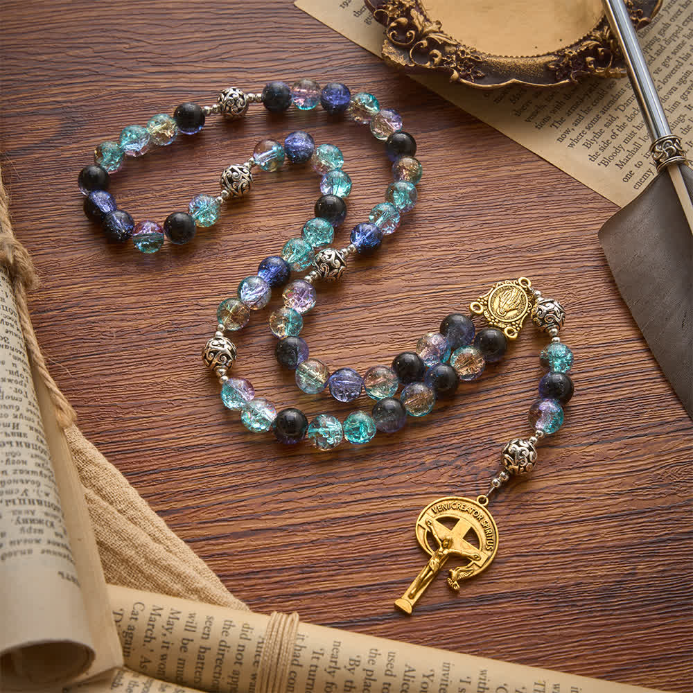 FREE Today: Galaxy Tone Crackle Glass Rosary With Inscribed Crucifix: Emblem of Timeless Sacred Grace - image 3