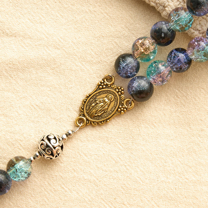 Christianartworkshop Galaxy Tone Crackle Glass Rosary With Inscribed Crucifix: Emblem of Timeless Sacred Grace - image 5