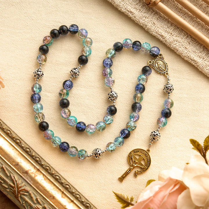 Christianartworkshop Galaxy Tone Crackle Glass Rosary With Inscribed Crucifix: Emblem of Timeless Sacred Grace - image 2