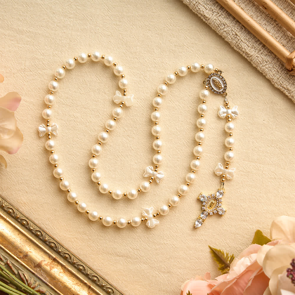 Christianartworkshop Elegant White Pearl Bow Rosary With Our Lady Jeweled Cross: Emblem of Gentle Heavenly Purity - White Beads Bow Rosary - image 0