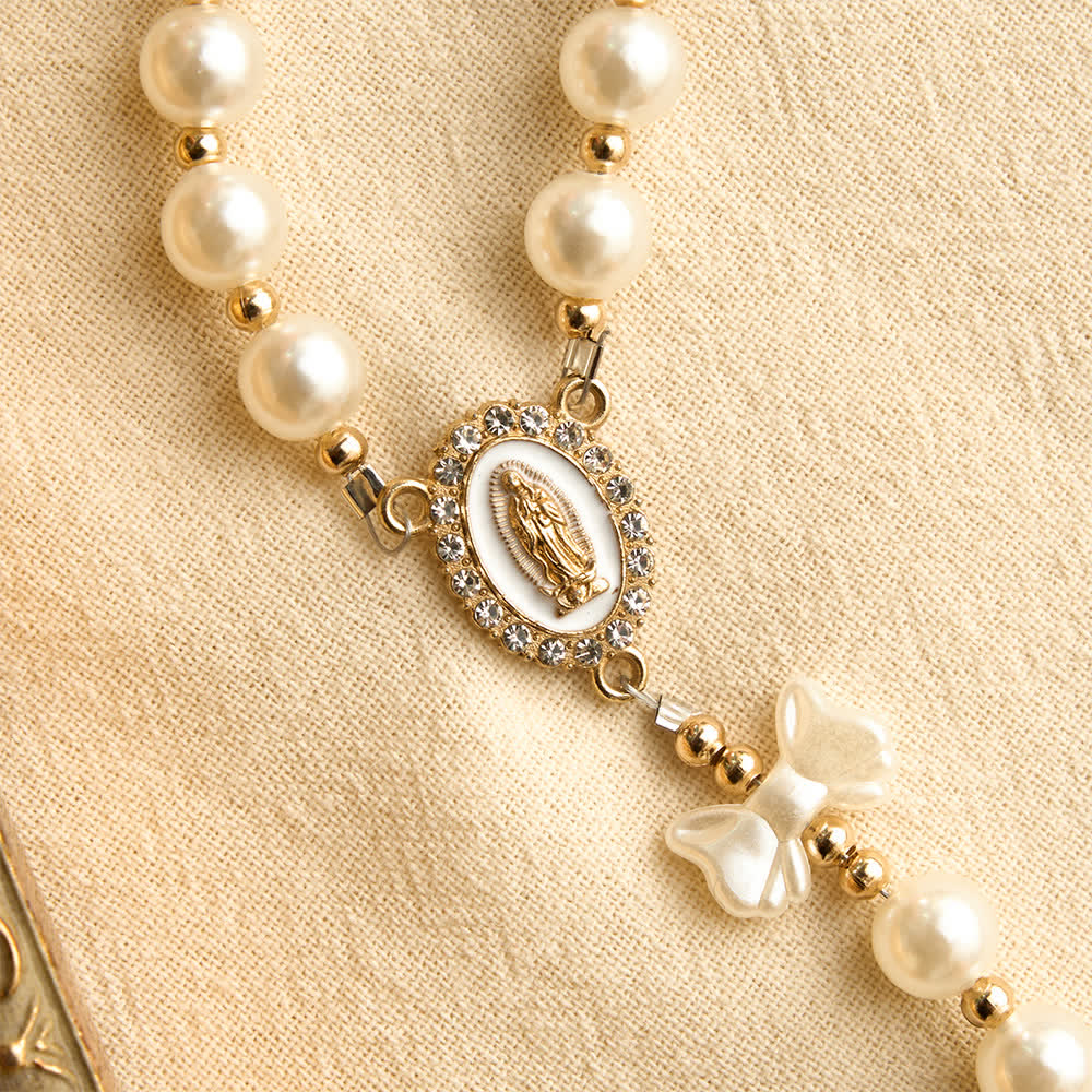 Christianartworkshop Elegant White Pearl Bow Rosary With Our Lady Jeweled Cross: Emblem of Gentle Heavenly Purity - image 6