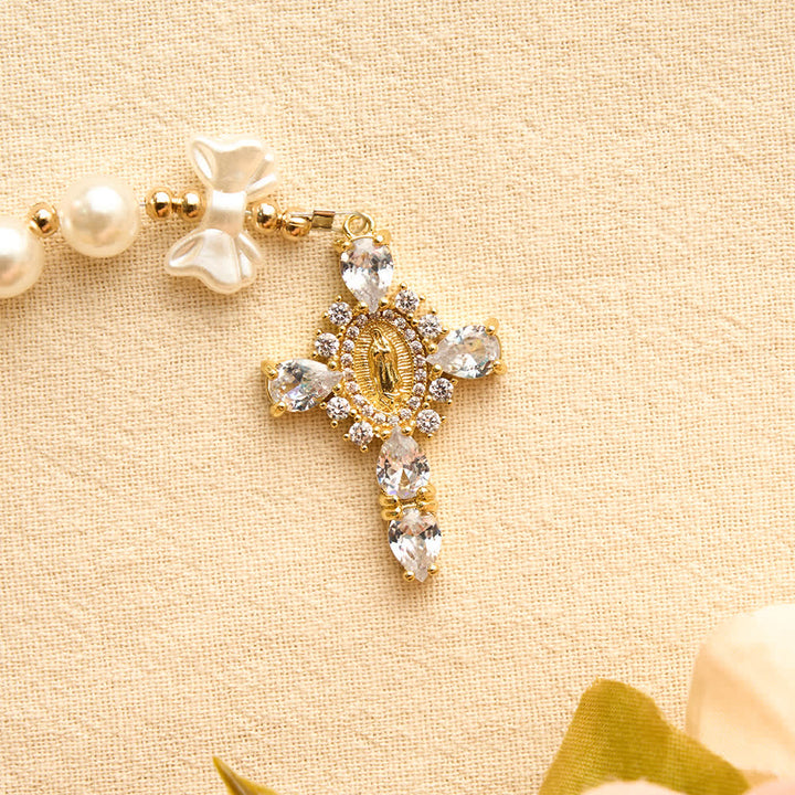 Christianartworkshop Elegant White Pearl Bow Rosary With Our Lady Jeweled Cross: Emblem of Gentle Heavenly Purity - image 7
