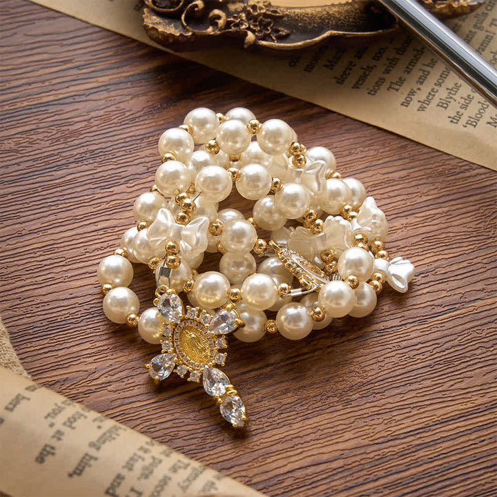 Christianartworkshop Elegant White Pearl Bow Rosary With Our Lady Jeweled Cross: Emblem of Gentle Heavenly Purity - image 4