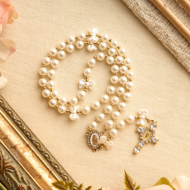 Christianartworkshop Elegant White Pearl Bow Rosary With Our Lady Jeweled Cross: Emblem of Gentle Heavenly Purity - image 3
