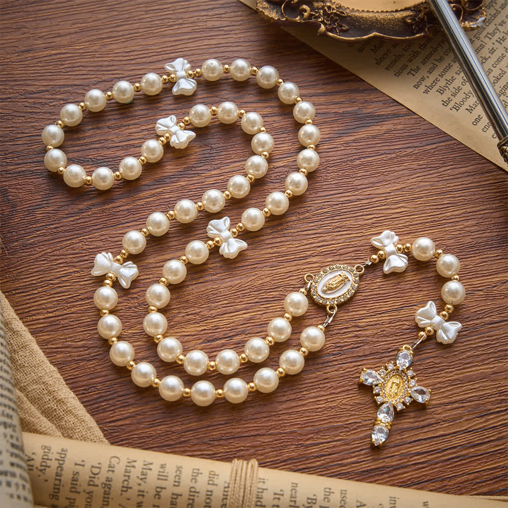 Christianartworkshop Elegant White Pearl Bow Rosary With Our Lady Jeweled Cross: Emblem of Gentle Heavenly Purity - image 2