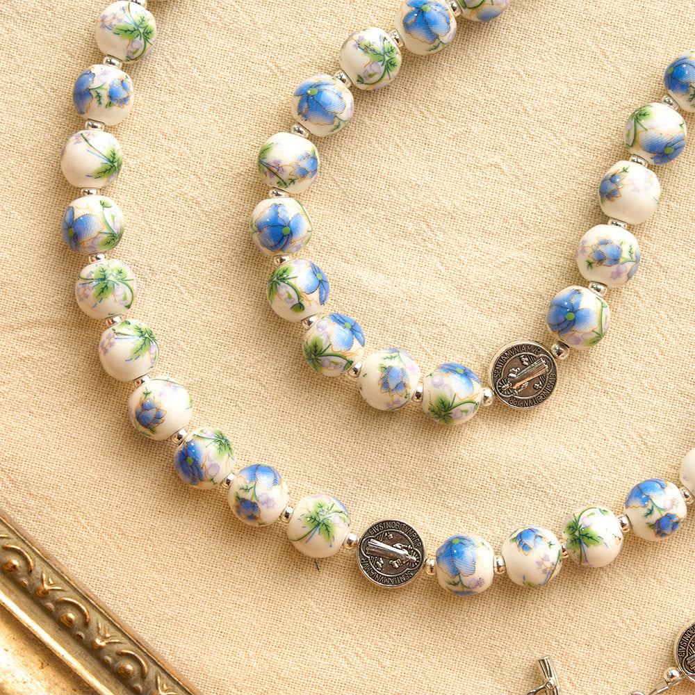 Christianartworkshop Blue & White Floral Ceramic Rosary with St. Benedict Medals & Our Lady - image 14