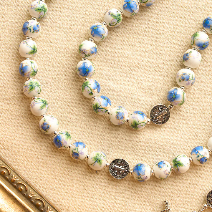 Christianartworkshop Blue & White Floral Ceramic Rosary with St. Benedict Medals & Our Lady - image 14