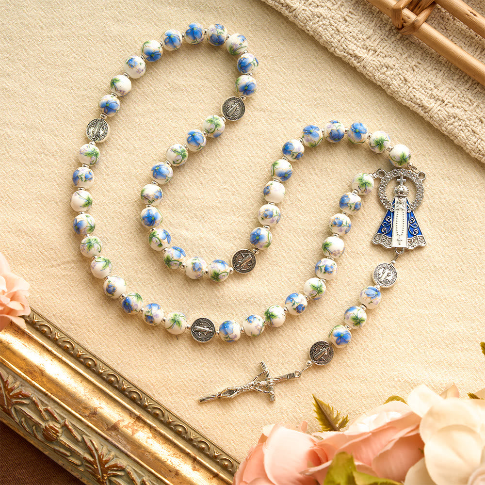 Christianartworkshop Blue & White Floral Ceramic Rosary with St. Benedict Medals & Our Lady - image 12