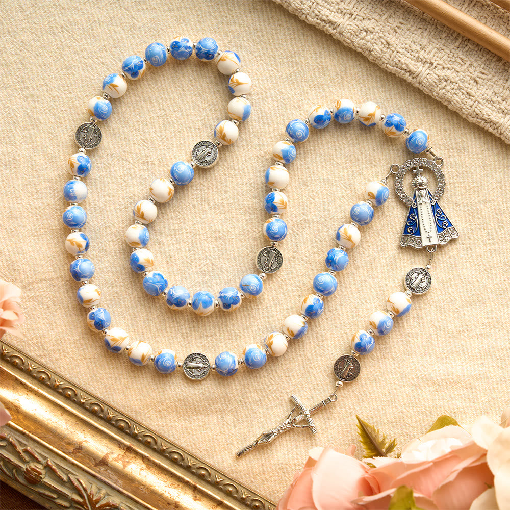 Christianartworkshop Blue & White Floral Ceramic Rosary with St. Benedict Medals & Our Lady - image 18