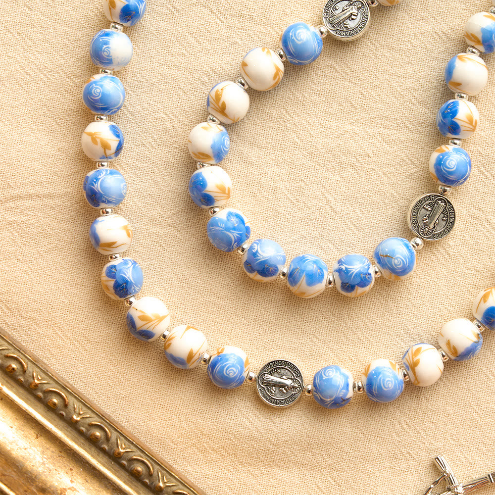 Christianartworkshop Blue & White Floral Ceramic Rosary with St. Benedict Medals & Our Lady - image 20