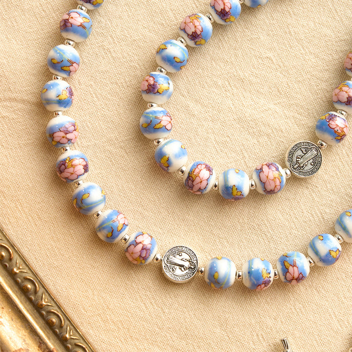 Christianartworkshop Blue & White Floral Ceramic Rosary with St. Benedict Medals & Our Lady - image 26