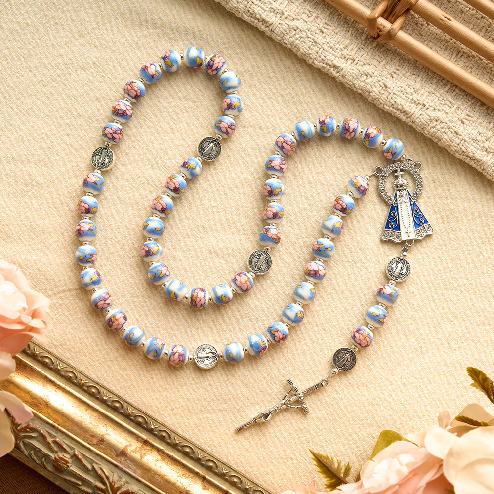 Christianartworkshop Blue & White Floral Ceramic Rosary with St. Benedict Medals & Our Lady - image 24