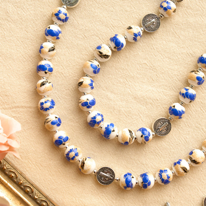 Christianartworkshop Blue & White Floral Ceramic Rosary with St. Benedict Medals & Our Lady - image 31