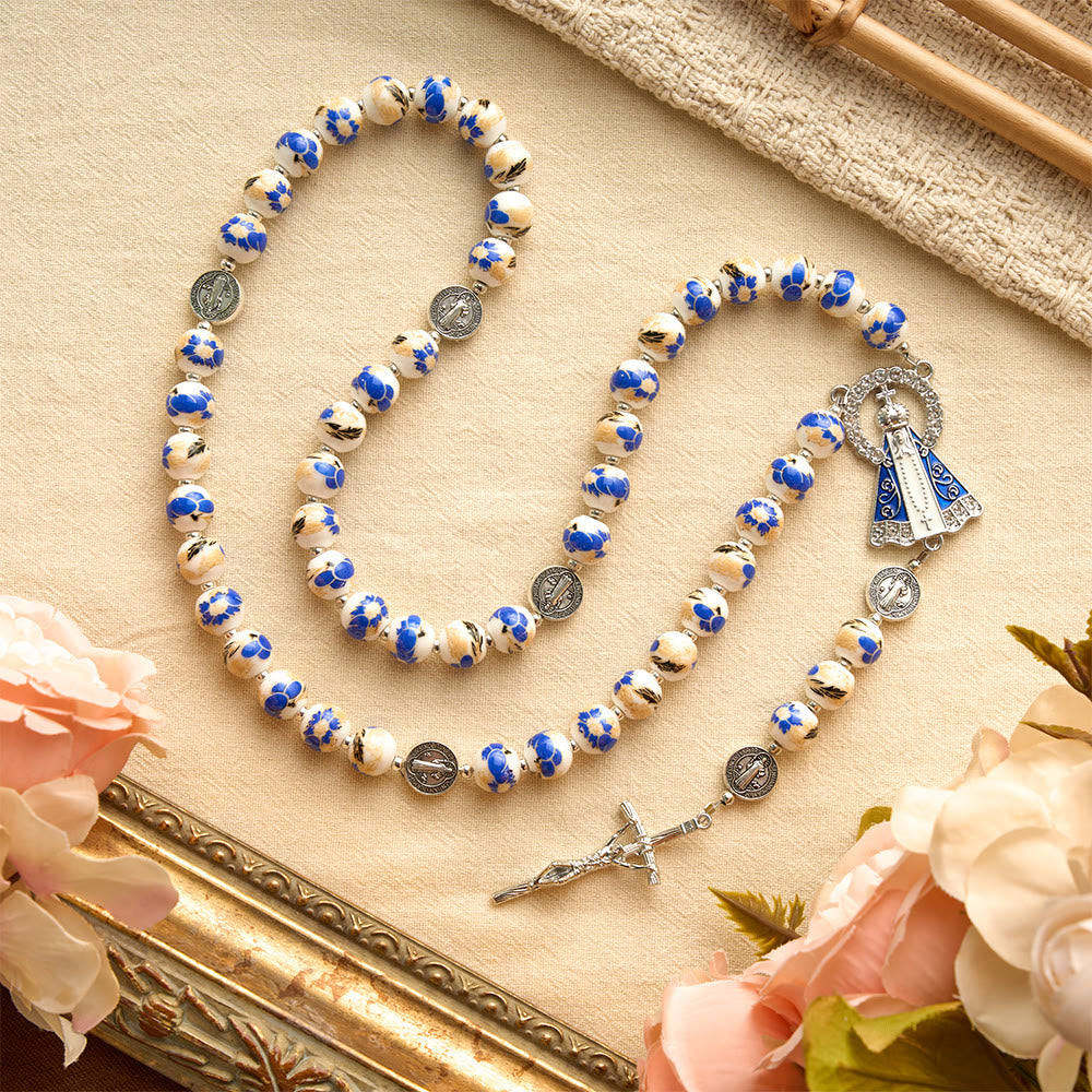 Christianartworkshop Blue & White Floral Ceramic Rosary with St. Benedict Medals & Our Lady - image 29