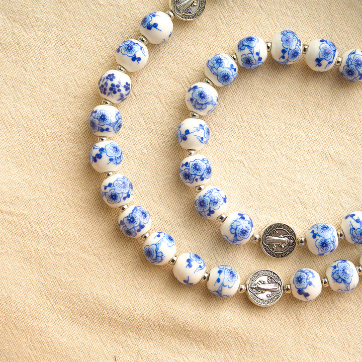 Christianartworkshop Blue & White Floral Ceramic Rosary with St. Benedict Medals & Our Lady - image 37