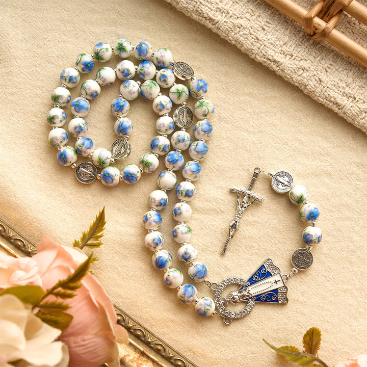 Christianartworkshop Blue & White Floral Ceramic Rosary with St. Benedict Medals & Our Lady - image 11