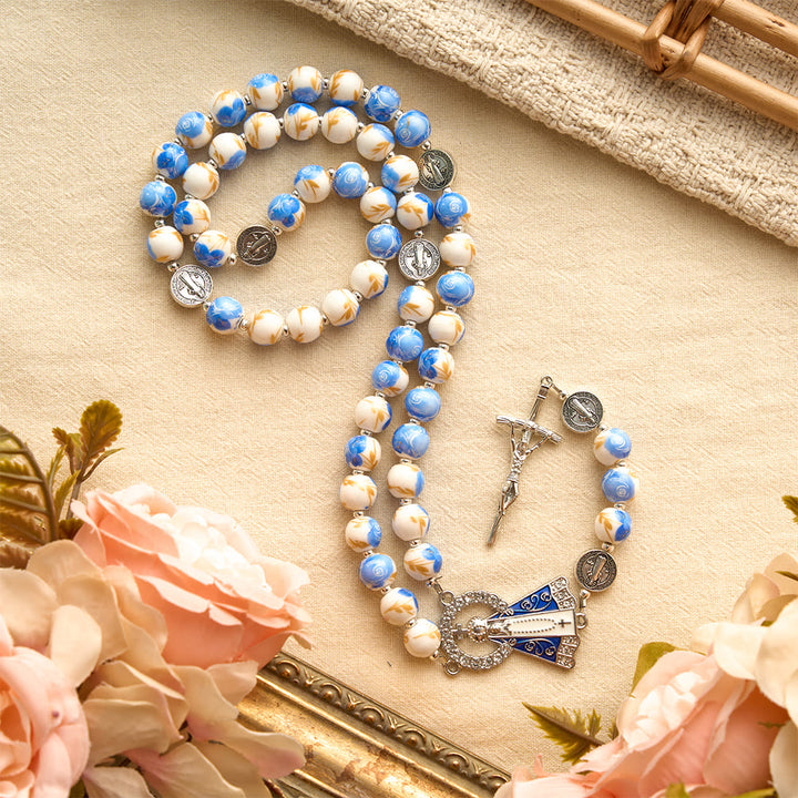 Christianartworkshop Blue & White Floral Ceramic Rosary with St. Benedict Medals & Our Lady - image 17