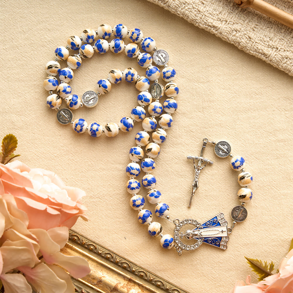 Christianartworkshop Blue & White Floral Ceramic Rosary with St. Benedict Medals & Our Lady - image 28