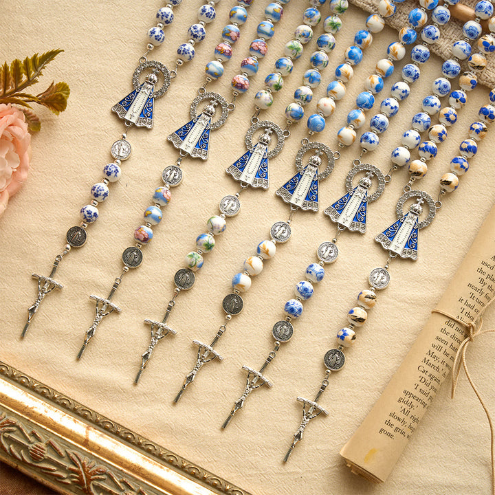 Christianartworkshop Blue & White Floral Ceramic Rosary with St. Benedict Medals & Our Lady - image 2