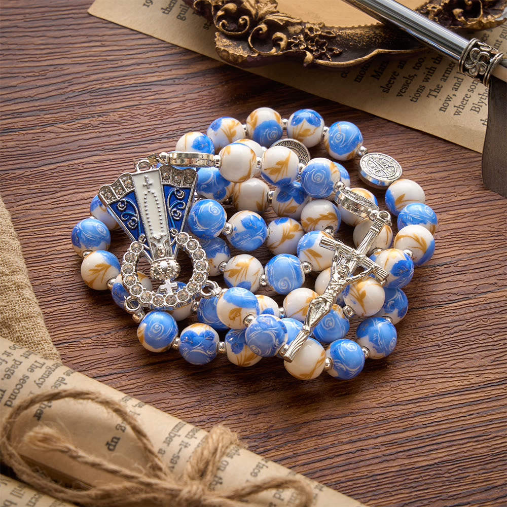 Christianartworkshop Blue & White Floral Ceramic Rosary with St. Benedict Medals & Our Lady - image 19