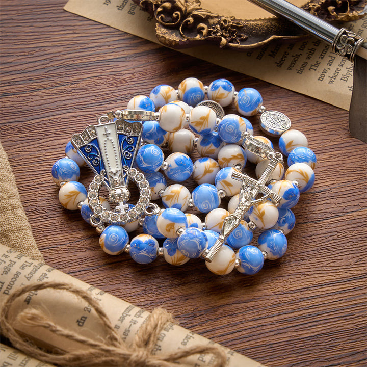 Christianartworkshop Blue & White Floral Ceramic Rosary with St. Benedict Medals & Our Lady - image 19