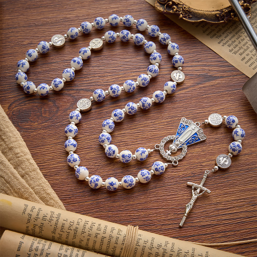 Christianartworkshop Blue & White Floral Ceramic Rosary with St. Benedict Medals & Our Lady - image 3