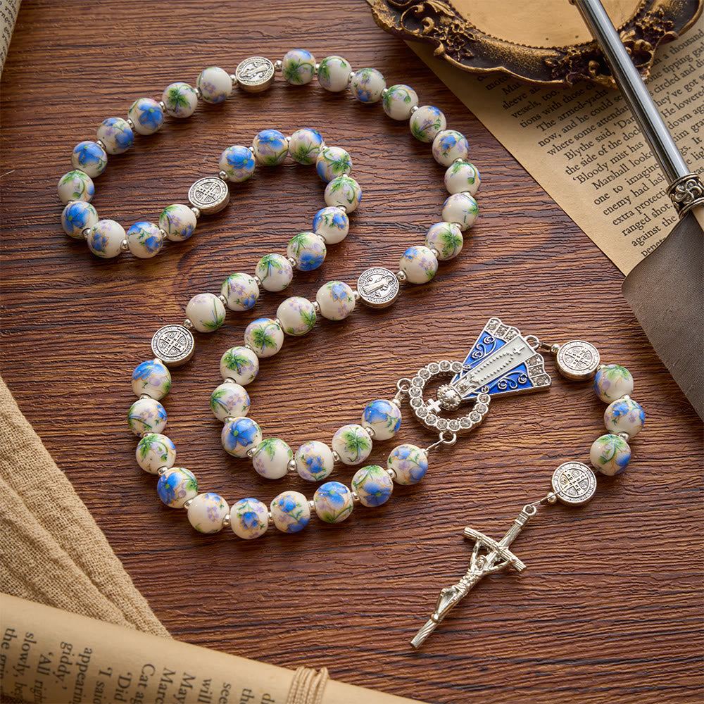 Christianartworkshop Blue & White Floral Ceramic Rosary with St. Benedict Medals & Our Lady - Our Lady & Crucifix - Style B - image 10