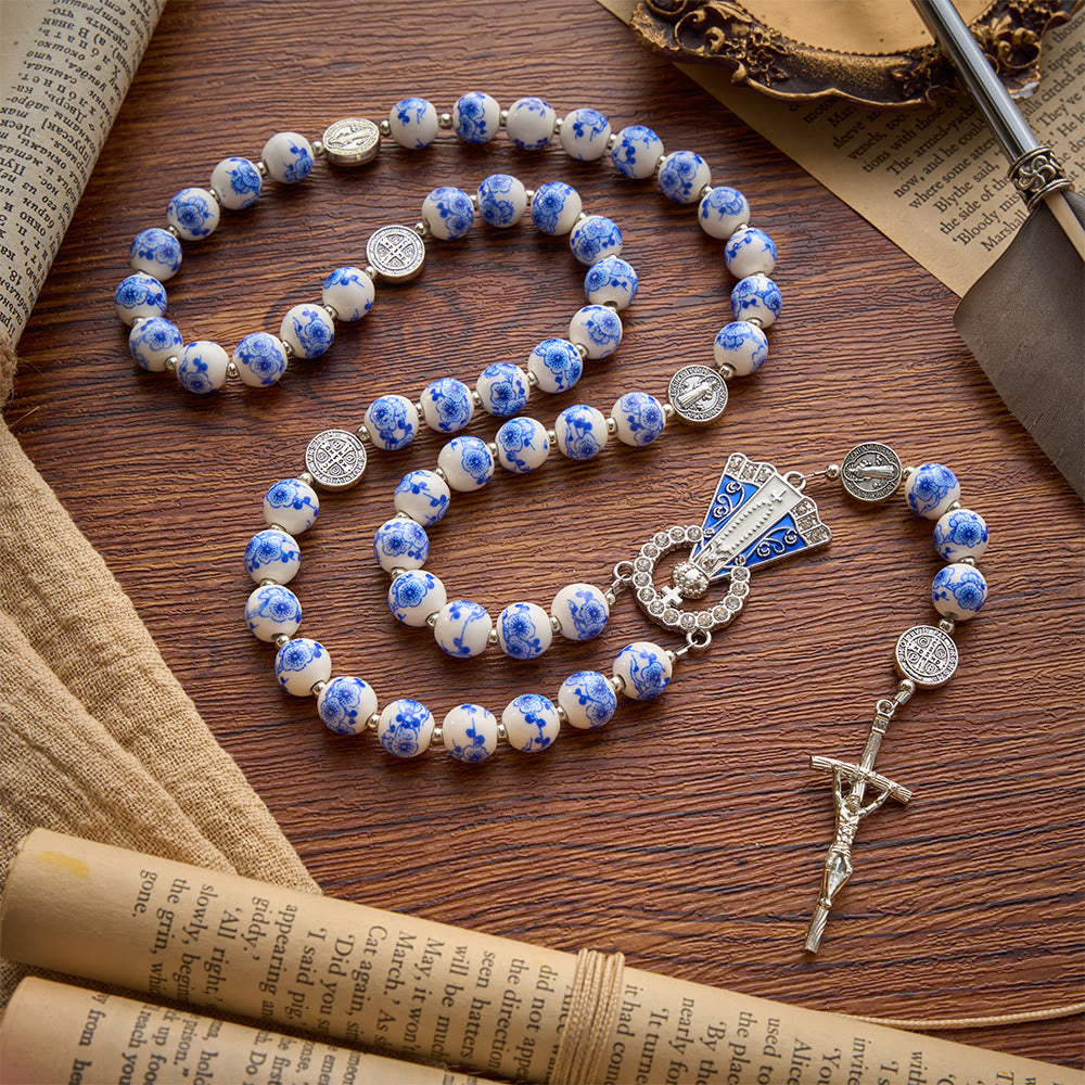 Christianartworkshop Blue & White Floral Ceramic Rosary with St. Benedict Medals & Our Lady - Our Lady & Crucifix - Style F - image 32
