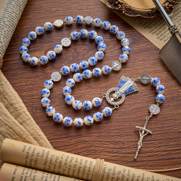 Christianartworkshop Blue & White Floral Ceramic Rosary with St. Benedict Medals & Our Lady - Our Lady & Crucifix - Style F - image 32