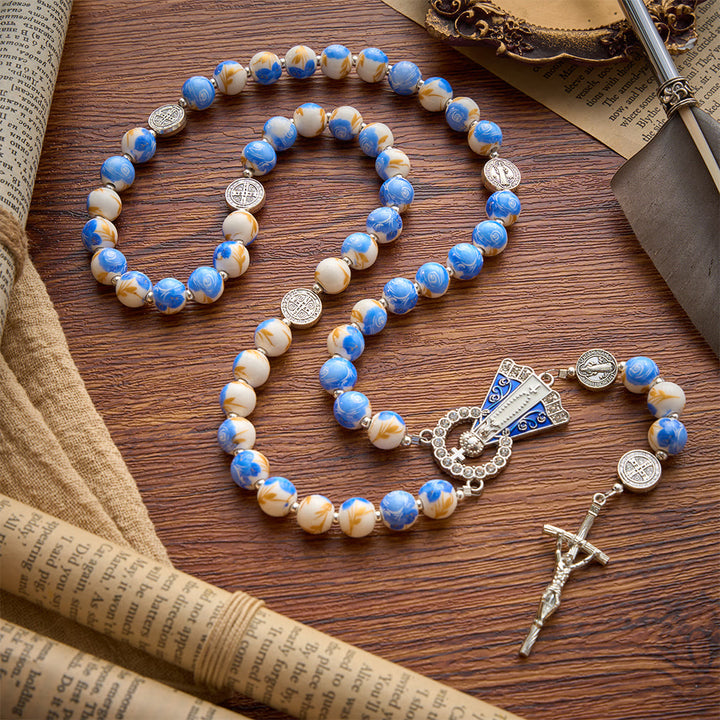Christianartworkshop Blue & White Floral Ceramic Rosary with St. Benedict Medals & Our Lady - Our Lady & Crucifix - Style C - image 15
