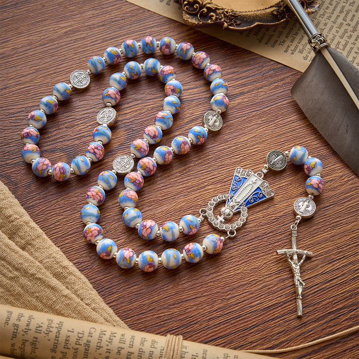 Christianartworkshop Blue & White Floral Ceramic Rosary with St. Benedict Medals & Our Lady - Our Lady & Crucifix - Style D - image 21