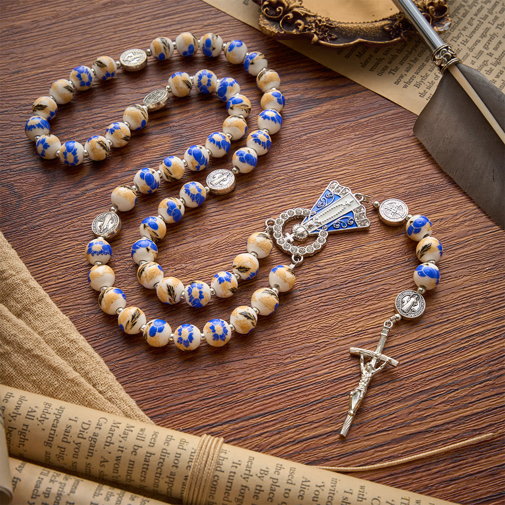 Christianartworkshop Blue & White Floral Ceramic Rosary with St. Benedict Medals & Our Lady - Our Lady & Crucifix - Style E - image 27